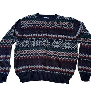 Vintage 80s Men's L Fair Isle Ski Sweater Nordic Snowflake Grandpa Pullover